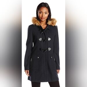 Tommy Hilfiger Women's Black Duffle Coat Peacoat S Black Fur Hooded S Perfect